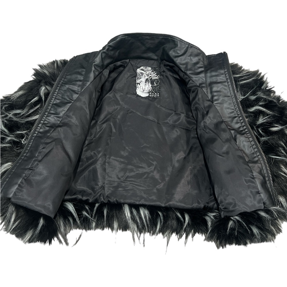 Punk Rave Gothic Black White Cropped Fur Jacket - Picture 13 of 15